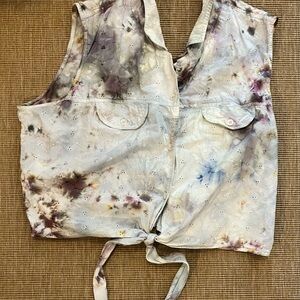 Hand Ice-Dyed Eyelet Top - Soft Cream with Multicolor Splashes